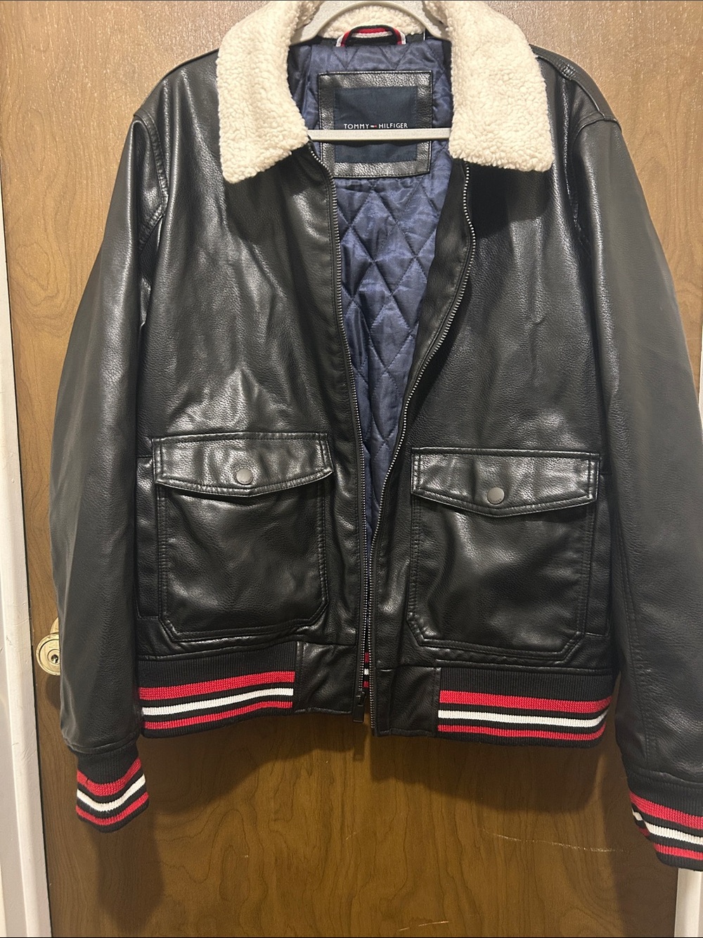 Tommy Hilfiger Black Faux-Leather Bomber Jacket with Cream Sherpa Collar Top Gun